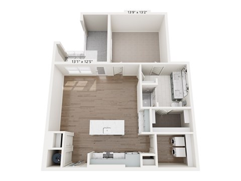 A floor plan of a small apartment with a kitchen, living room, and bathroom.